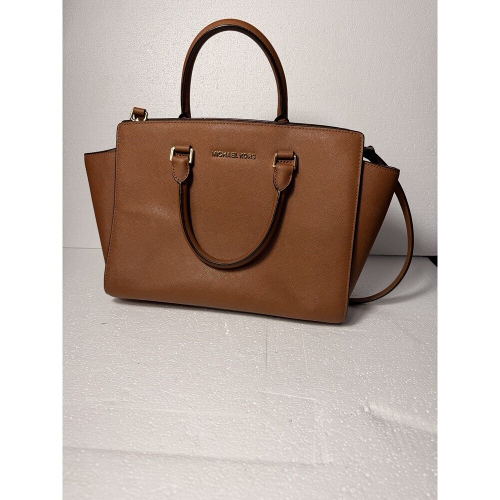 Michael Kors Selma Medium Luggage Brown Saffiano Leather Satchel Crosbody Purse⁠